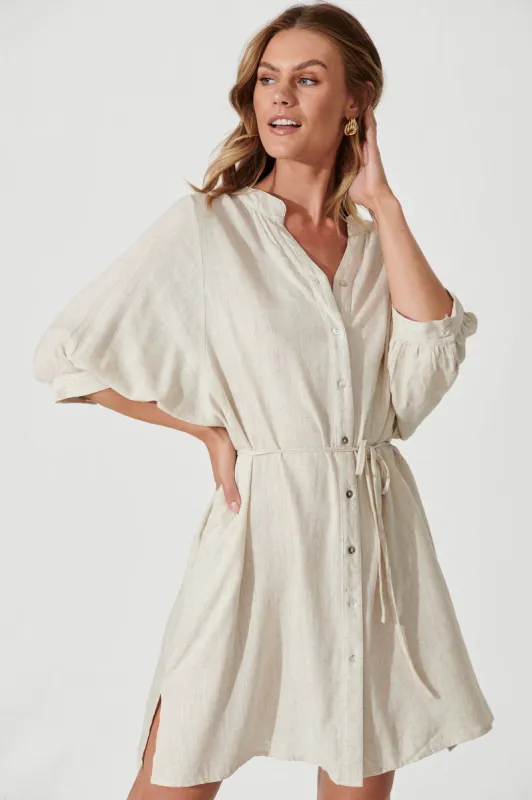 Vanuatu Shirt Dress In Oatmeal Linen Blend sold by St Frock