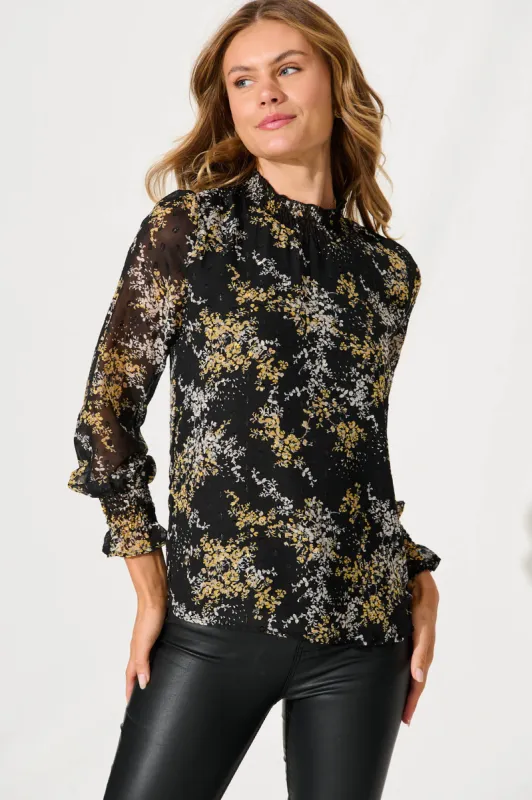 Lailani Top In Black With Mustard Print sold by St Frock