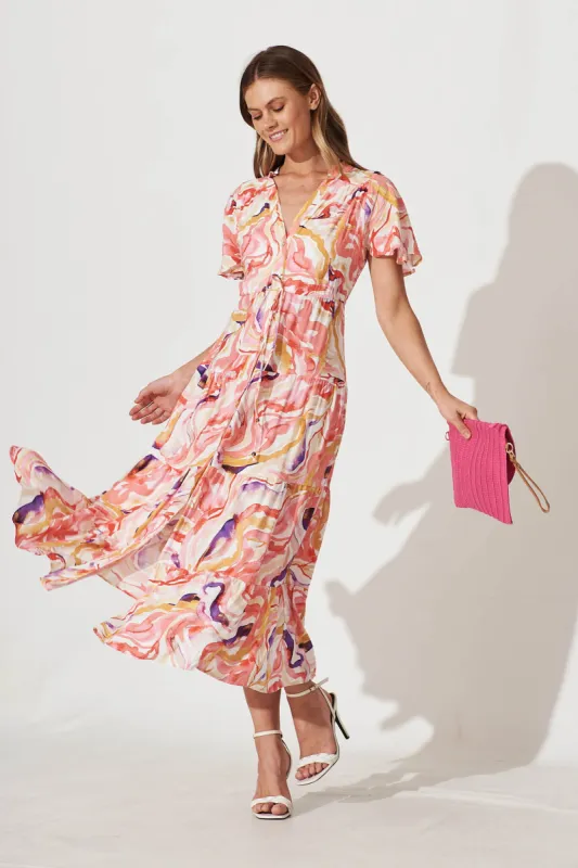 Beverly Maxi Shirt Dress In Pink Multi Swirl Print sold by St Frock