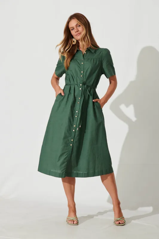 PRE ORDER Oatland Midi Shirt Dress In Green Cotton Linen sold by St Frock