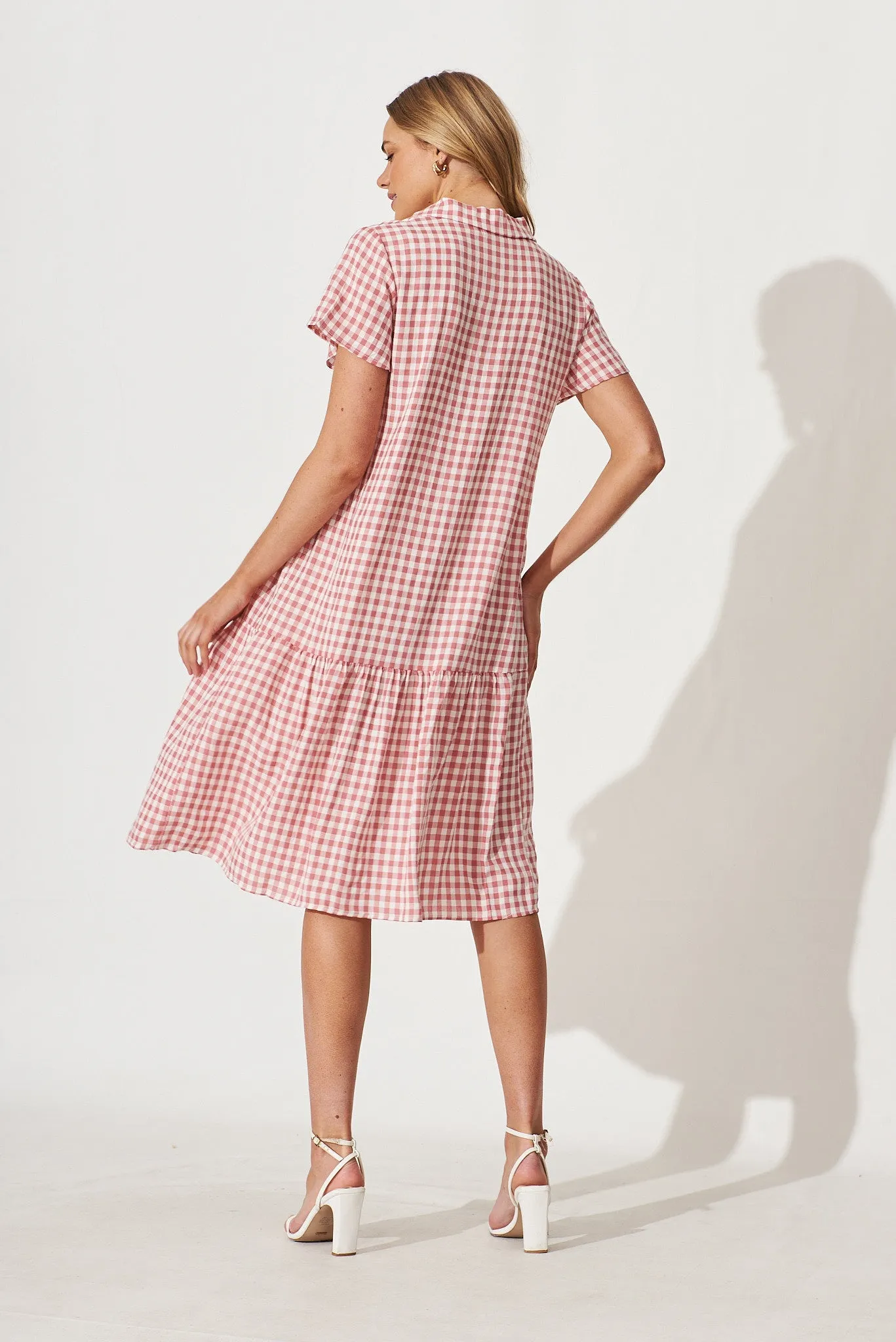 Lina Midi Shirt Dress In Pink And White Gingham Cotton Blend sold by St Frock product image thumbnail 4