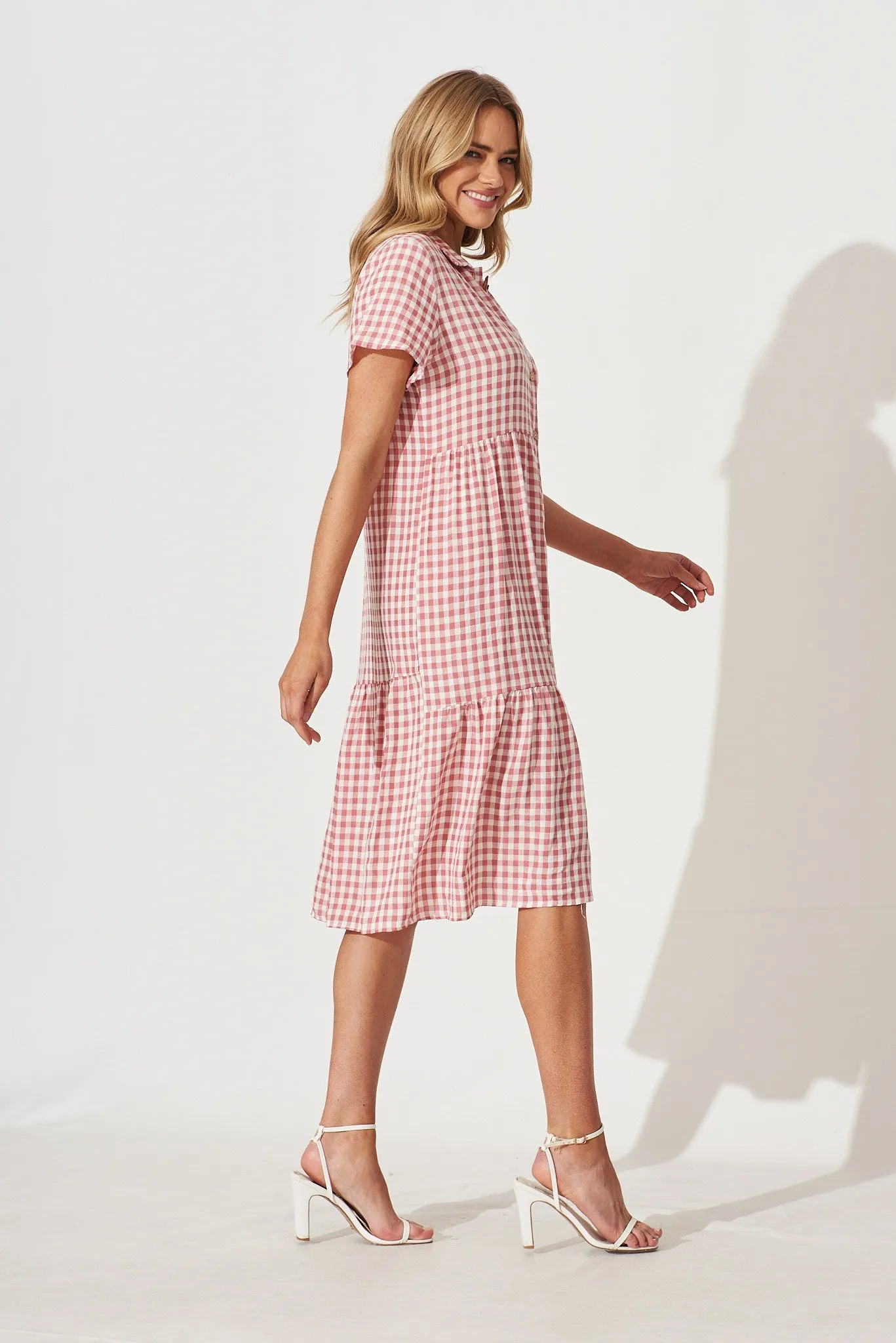 Lina Midi Shirt Dress In Pink And White Gingham Cotton Blend sold by St Frock product image thumbnail 3