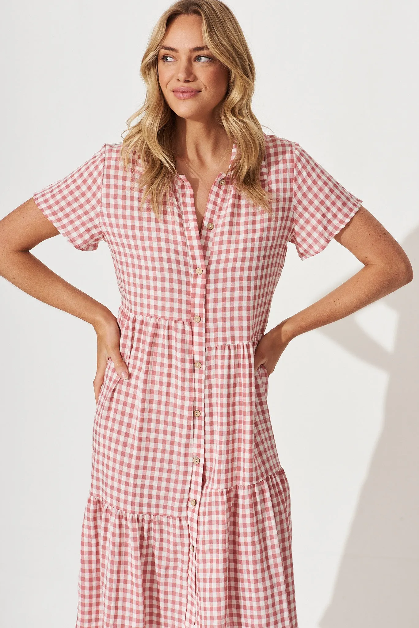 Lina Midi Shirt Dress In Pink And White Gingham Cotton Blend sold by St Frock product image thumbnail 2