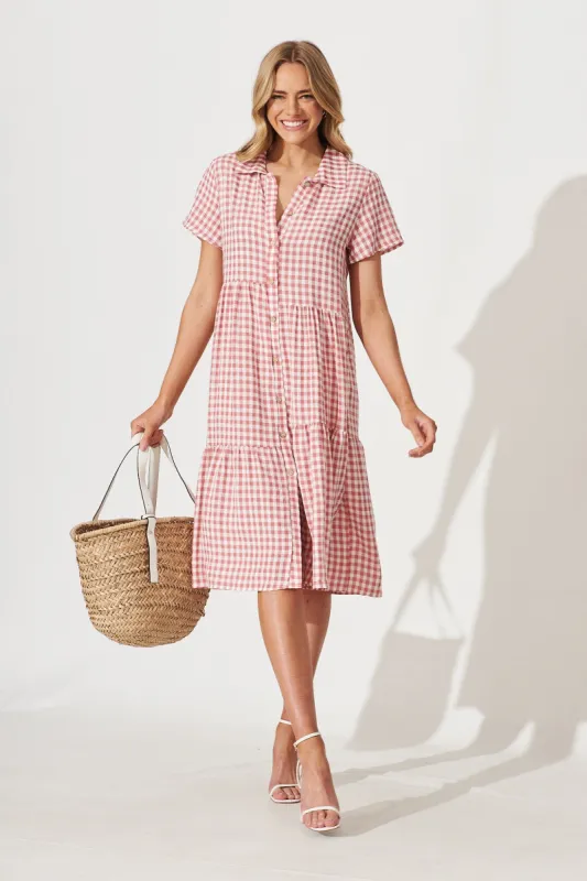 Lina Midi Shirt Dress In Pink And White Gingham Cotton Blend sold by St Frock