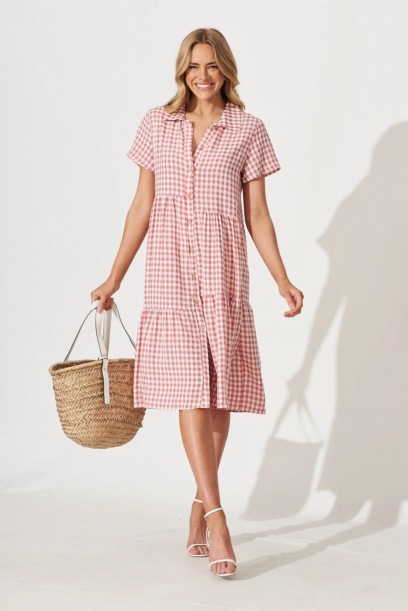 Lina Midi Shirt Dress In Pink And White Gingham Cotton Blend sold by St Frock