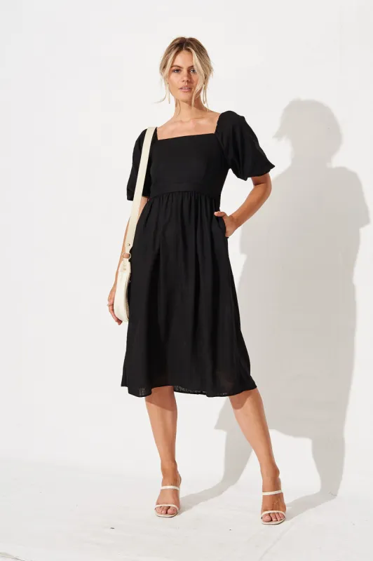 Darly Midi Dress In Black Linen Blend sold by St Frock