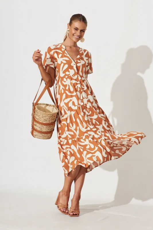 Monaco Midi Smock Dress In Tan With Cream Print sold by St Frock