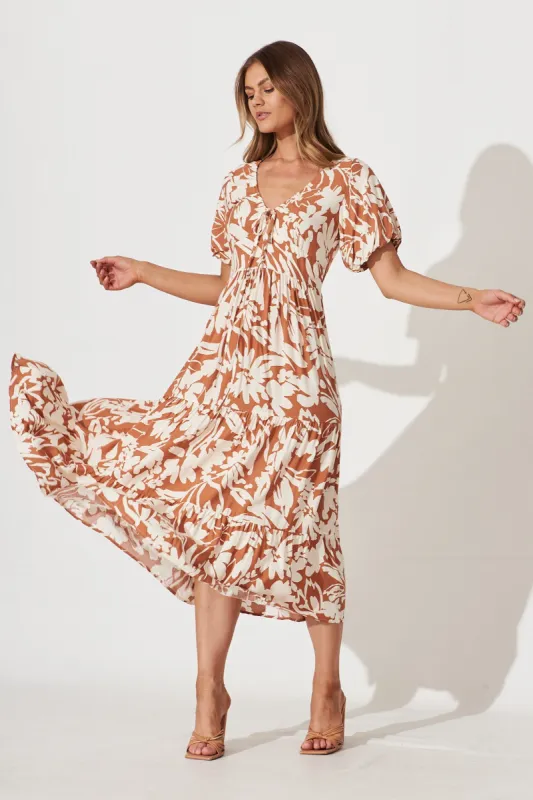 Julia Midi Dress In Brown With Cream Floral Print sold by St Frock