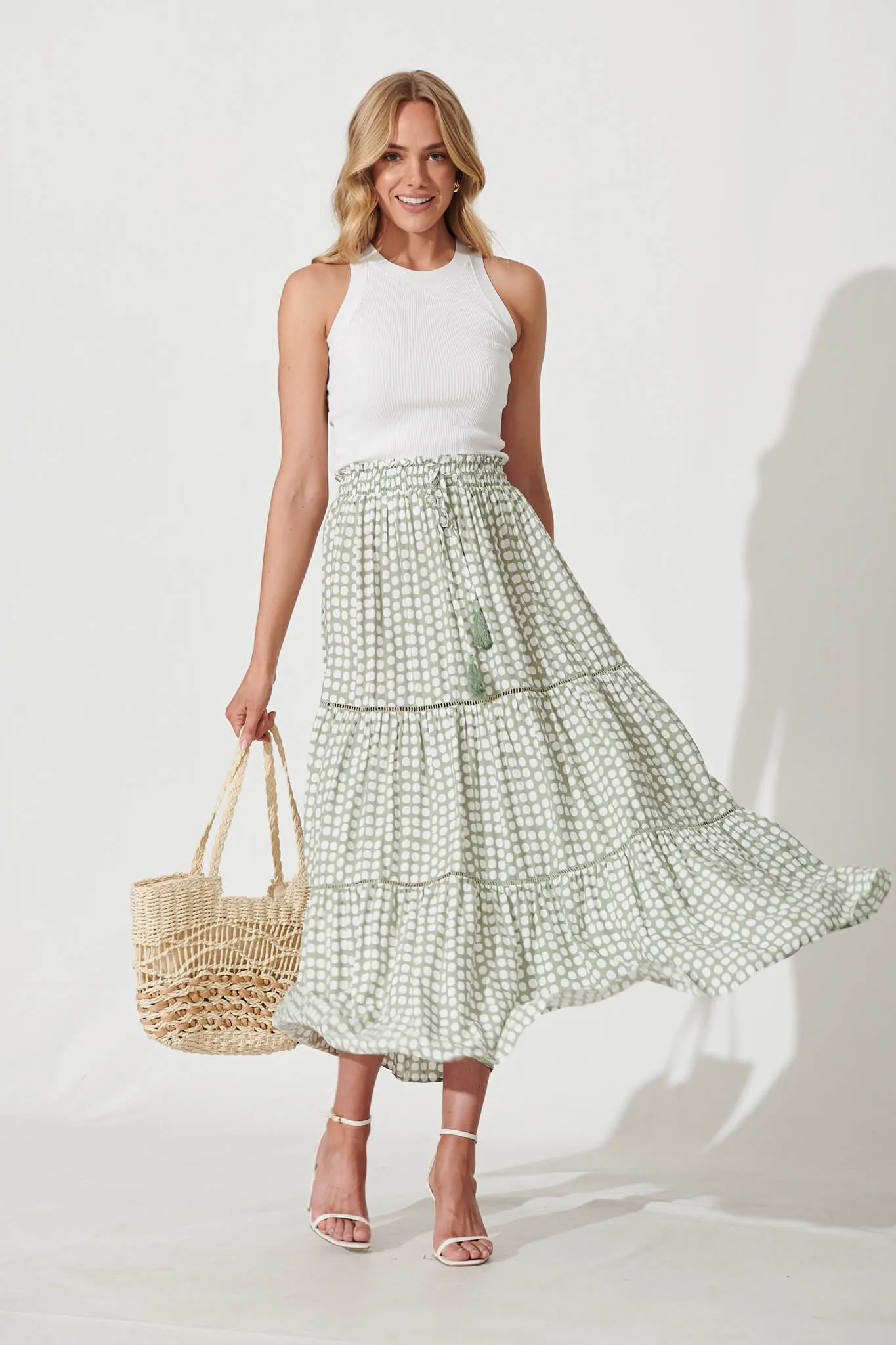 Freedom Maxi Skirt In Green With White Polka Dot sold by St Frock