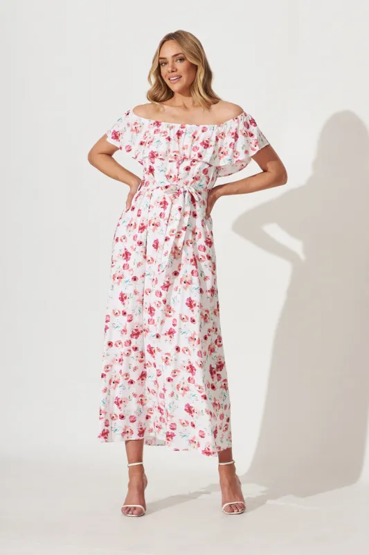 Penelope Maxi Dress In White With Pink Floral sold by St Frock