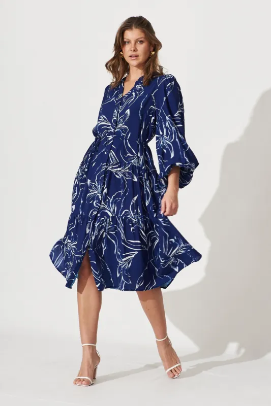 Mimosa Midi Shirt Dress In Navy With White Lily Print Cotton Blend sold by St Frock
