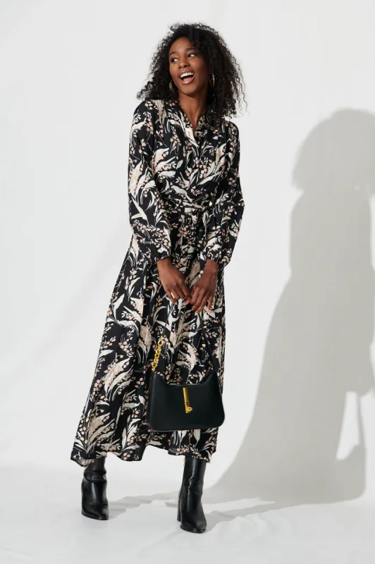 Lorie Maxi Shirt Dress In Black With Cream Leaf Cotton Blend sold by St Frock