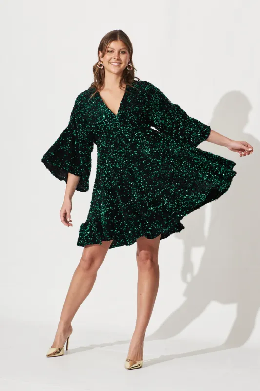 Skylark Sequin Dress In Emerald sold by St Frock