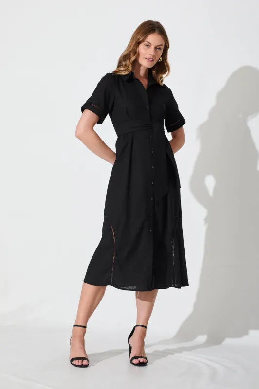 Bennett Midi Shirt Dress In Black Cotton Linen sold by St Frock