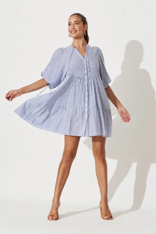 Aine Shirt Dress In Blue Stripe Cotton sold by St Frock