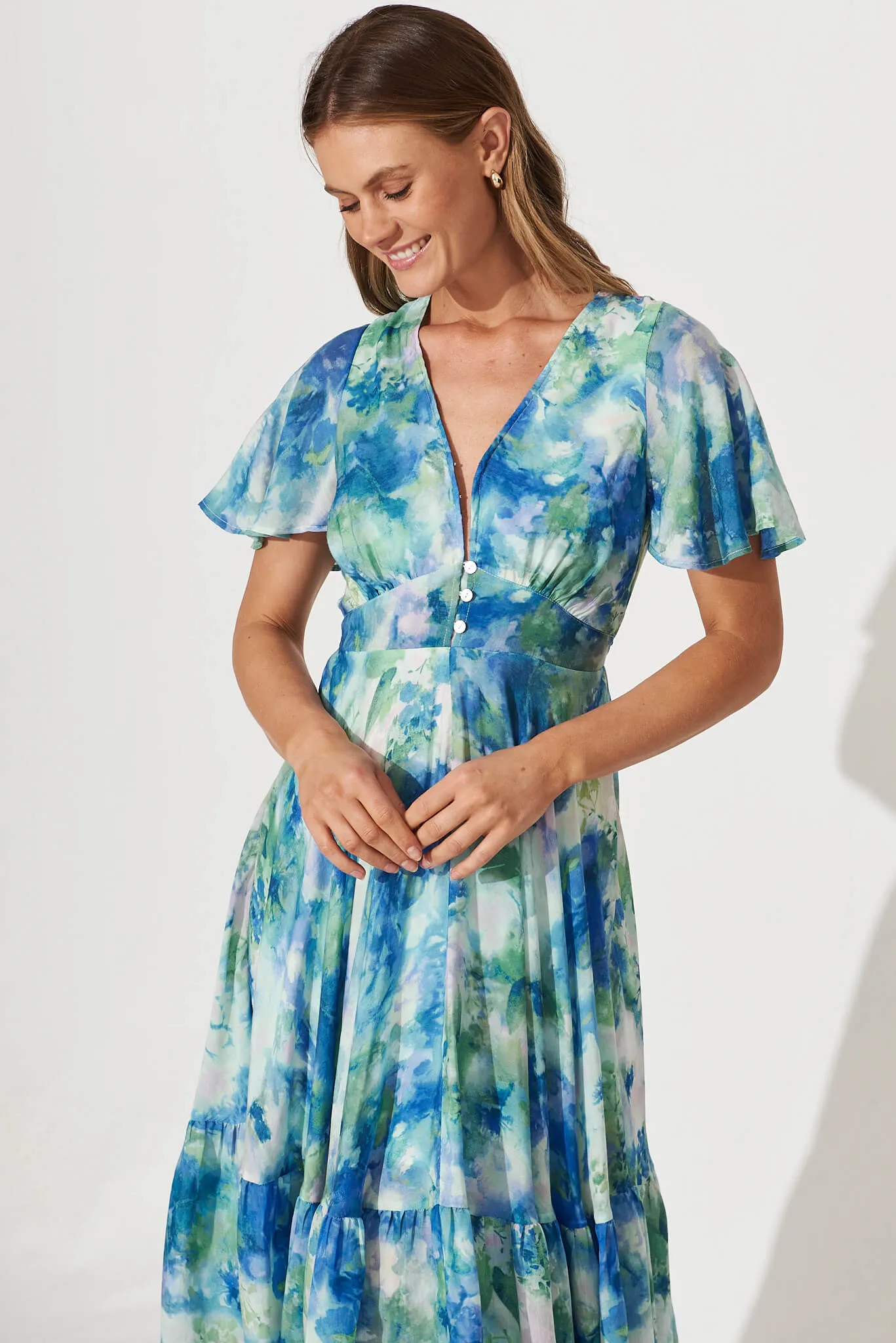 Nevada Maxi Dress In Blue With Green Watercolour Print sold by St Frock product image thumbnail 2