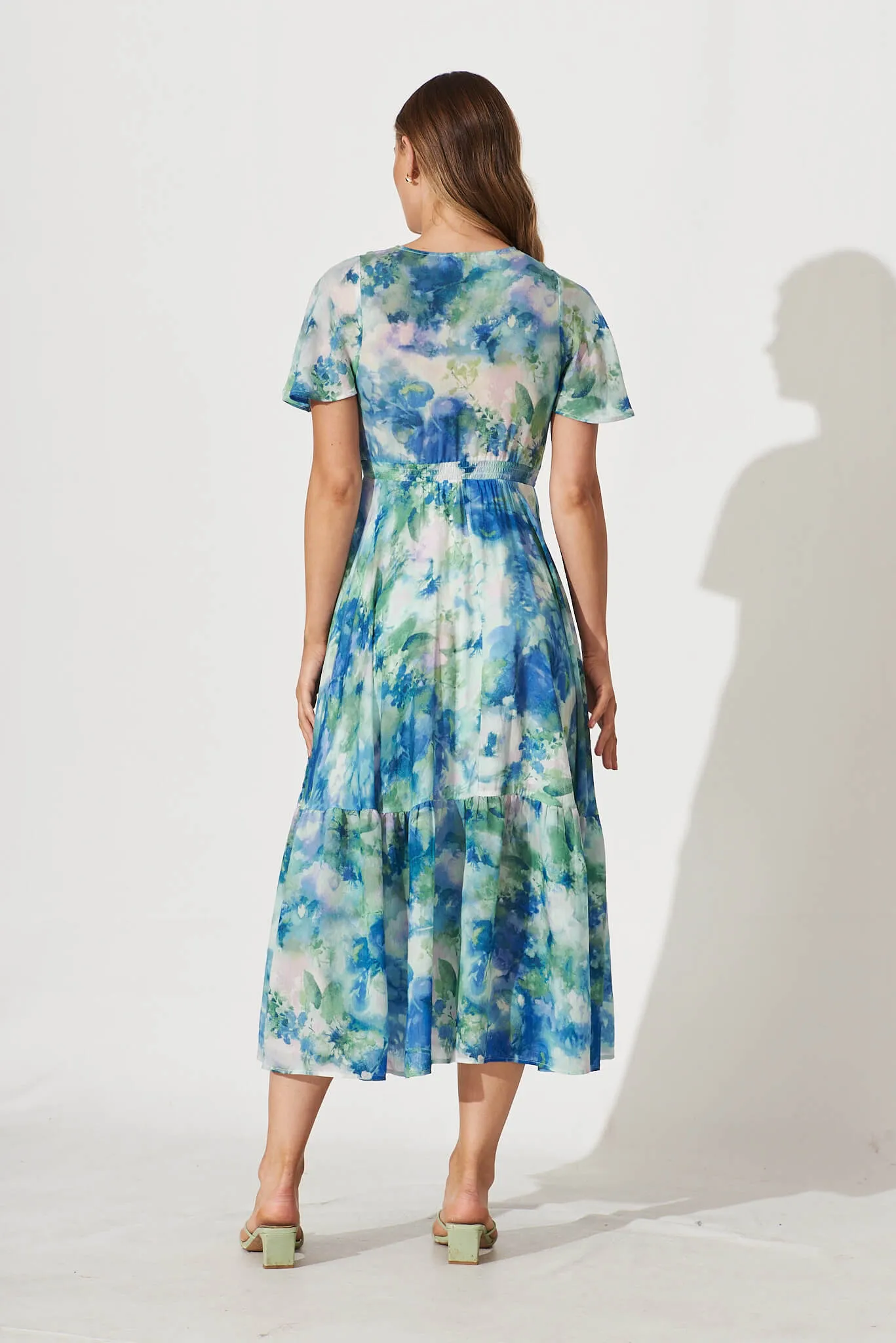 Nevada Maxi Dress In Blue With Green Watercolour Print sold by St Frock product image thumbnail 4