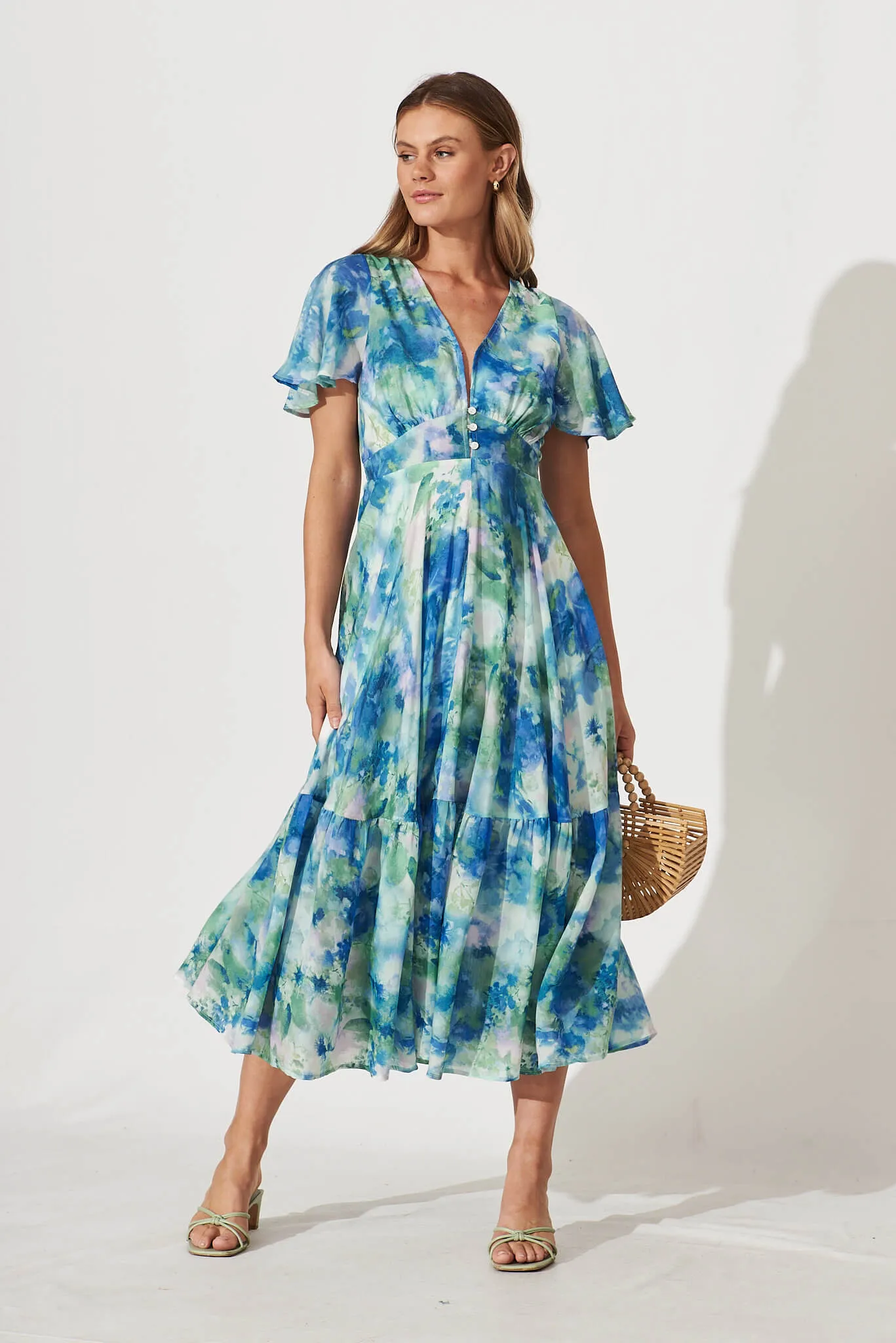 Nevada Maxi Dress In Blue With Green Watercolour Print sold by St Frock product image thumbnail 5