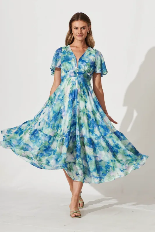Nevada Maxi Dress In Blue With Green Watercolour Print sold by St Frock