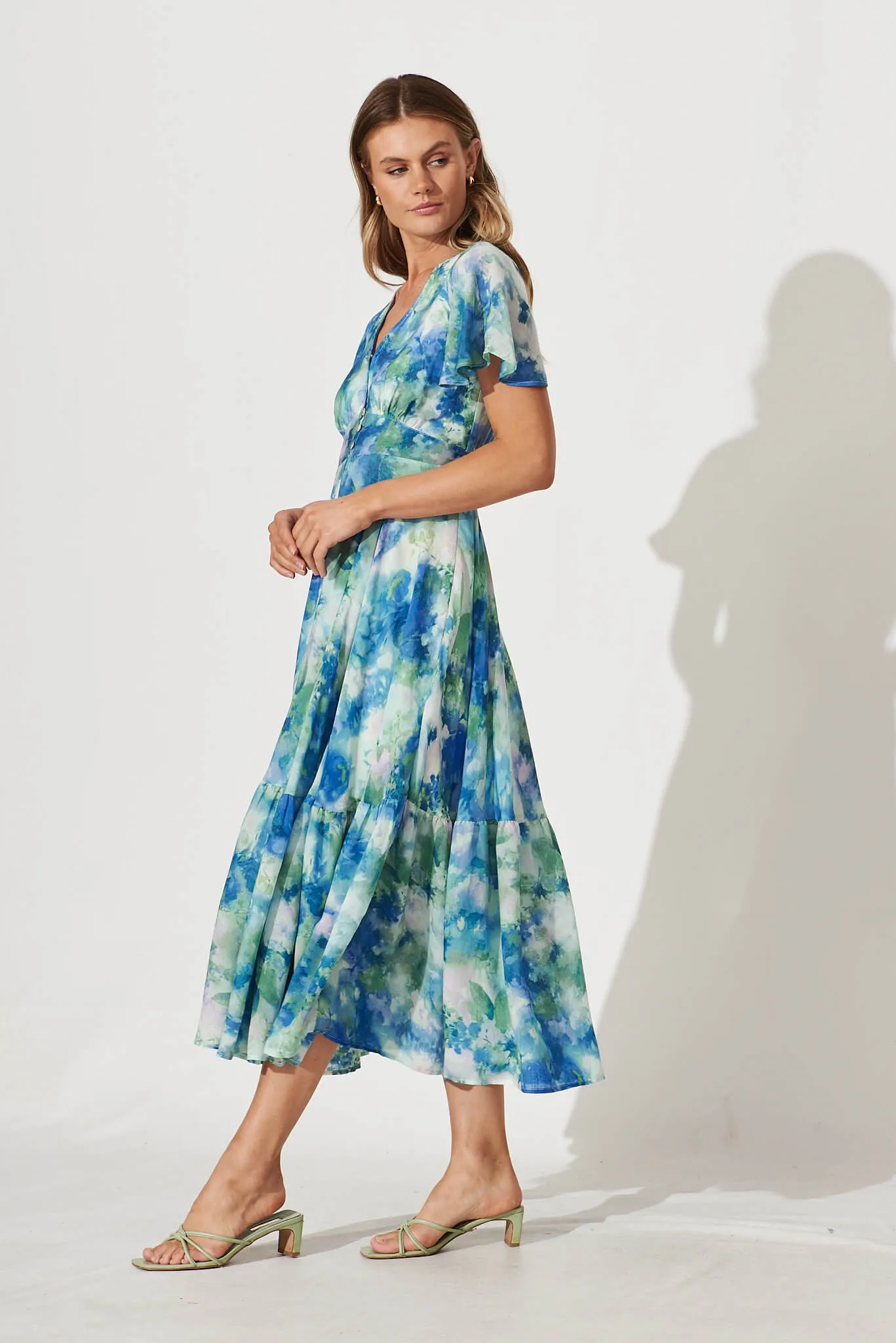 Nevada Maxi Dress In Blue With Green Watercolour Print sold by St Frock product image thumbnail 3
