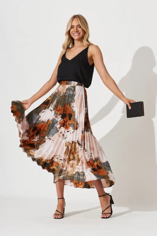 Allison Midi Pleat Skirt In Grey With Rust Print sold by St Frock