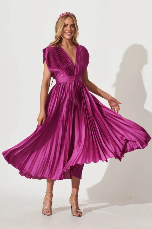Anetta Midi Dress In Pleated Magenta Satin sold by St Frock