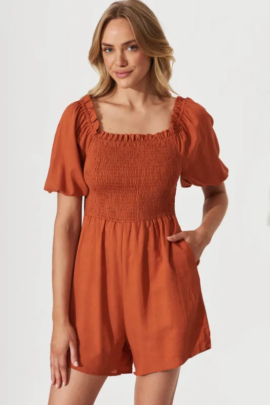 Palma Playsuit In Rust Linen Blend sold by St Frock
