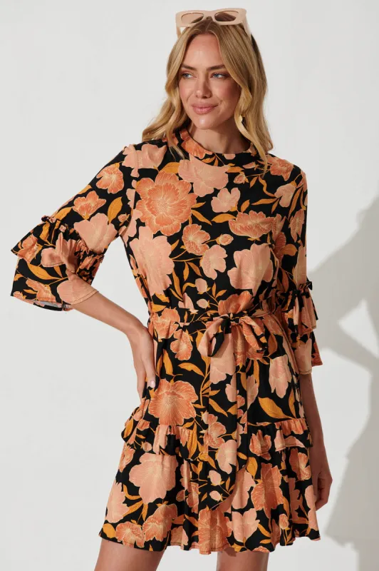 Cecile Dress In Black With Rust Floral sold by St Frock