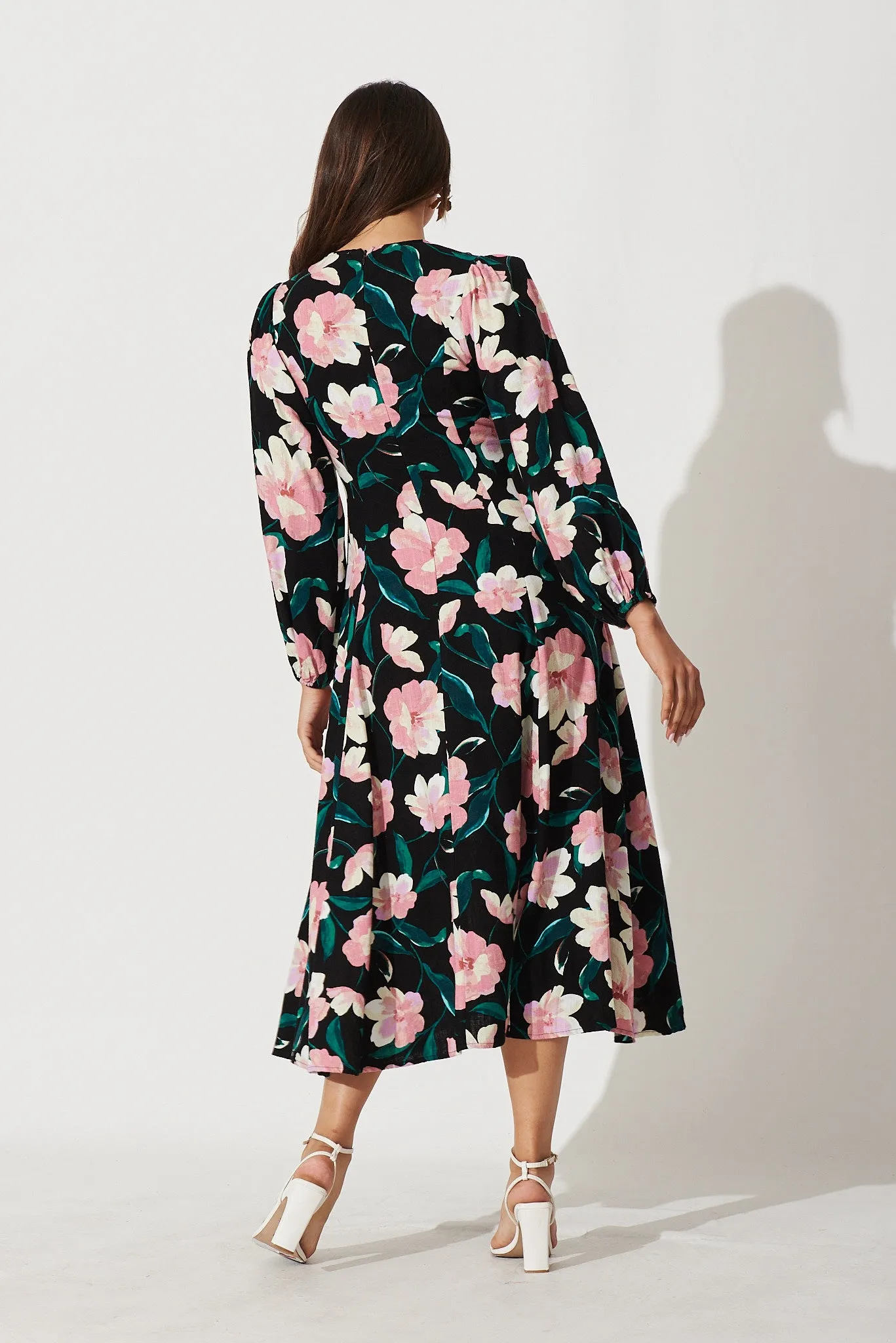 Edith Midi Dress In Black With Blush Floral Linen Blend sold by St Frock product image thumbnail 4