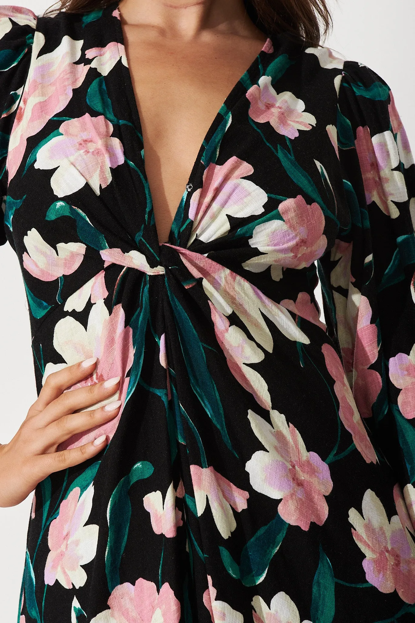 Edith Midi Dress In Black With Blush Floral Linen Blend sold by St Frock product image thumbnail 5