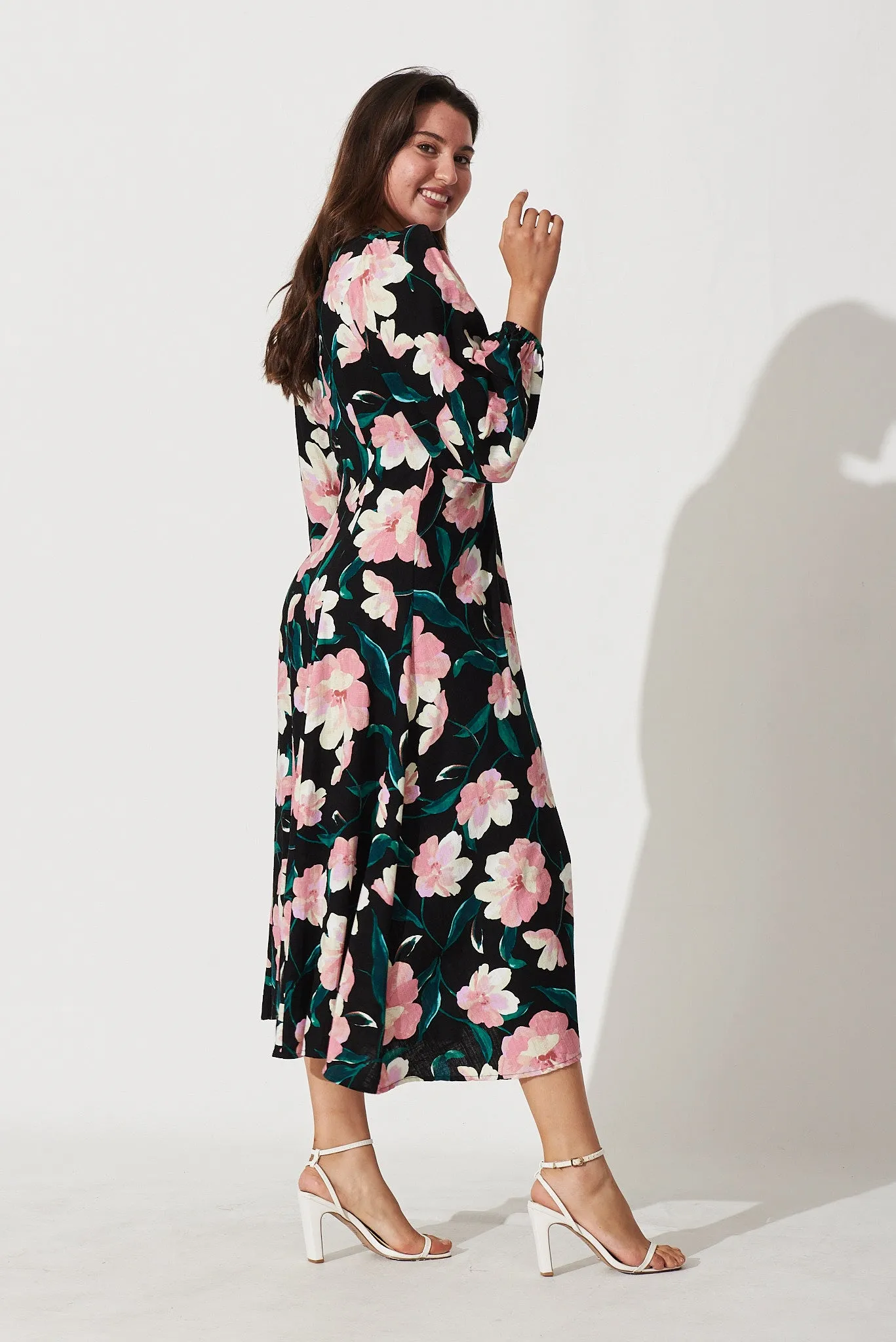 Edith Midi Dress In Black With Blush Floral Linen Blend sold by St Frock product image thumbnail 3