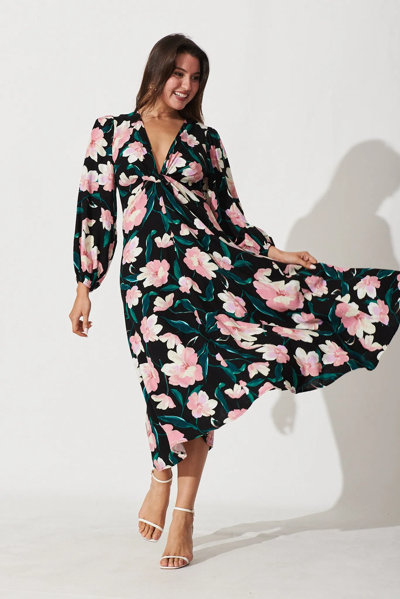 Edith Midi Dress In Black With Blush Floral Linen Blend sold by St Frock