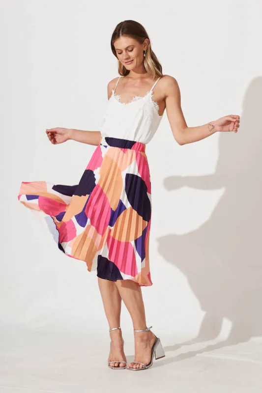 Eureka Midi Pleat Skirt In Bright Multi Linen Blend sold by St Frock