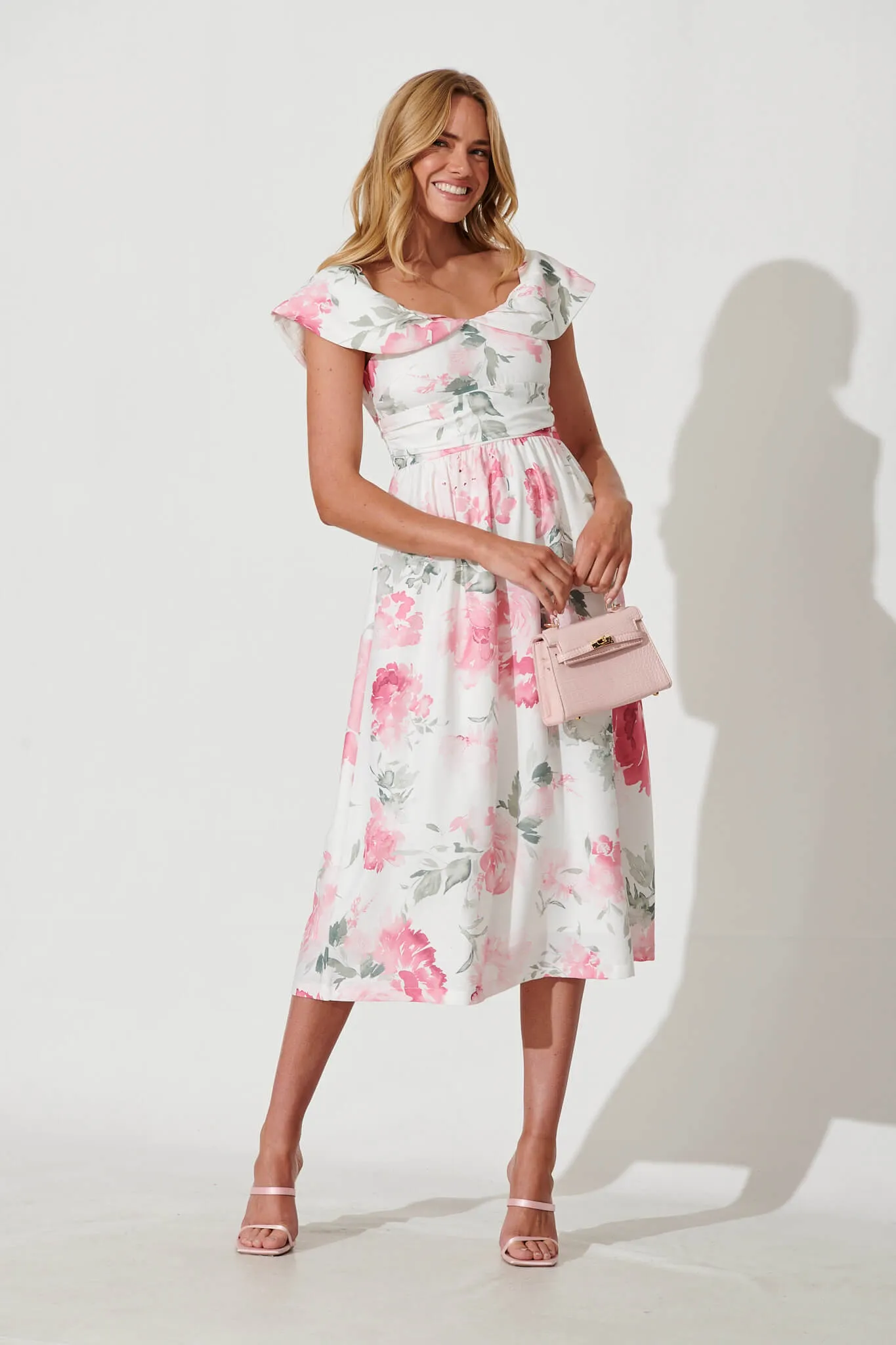 Floraison Midi Dress In White With Pink Floral Linen Blend sold by St Frock product image thumbnail 5