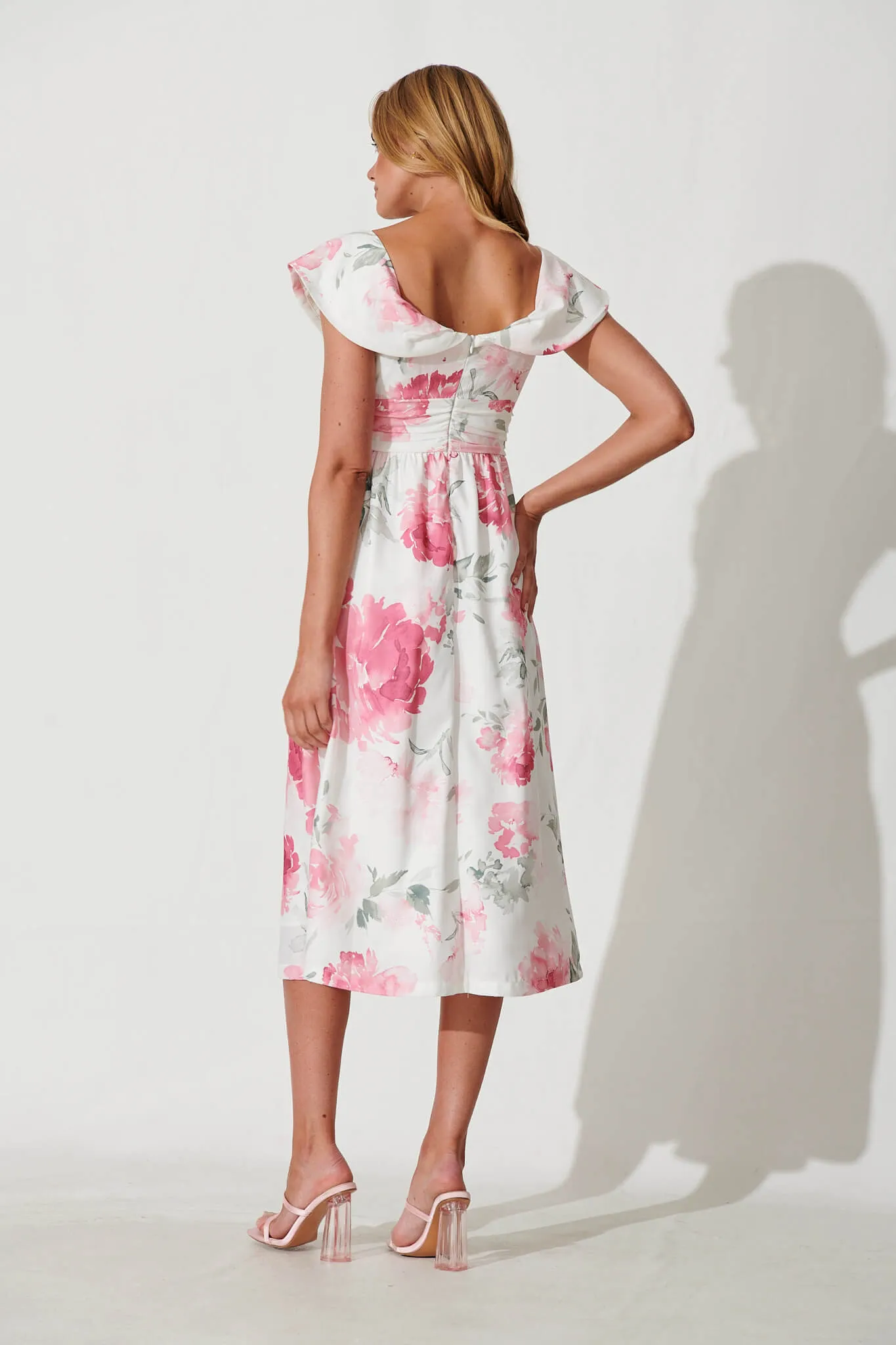 Floraison Midi Dress In White With Pink Floral Linen Blend sold by St Frock product image thumbnail 4