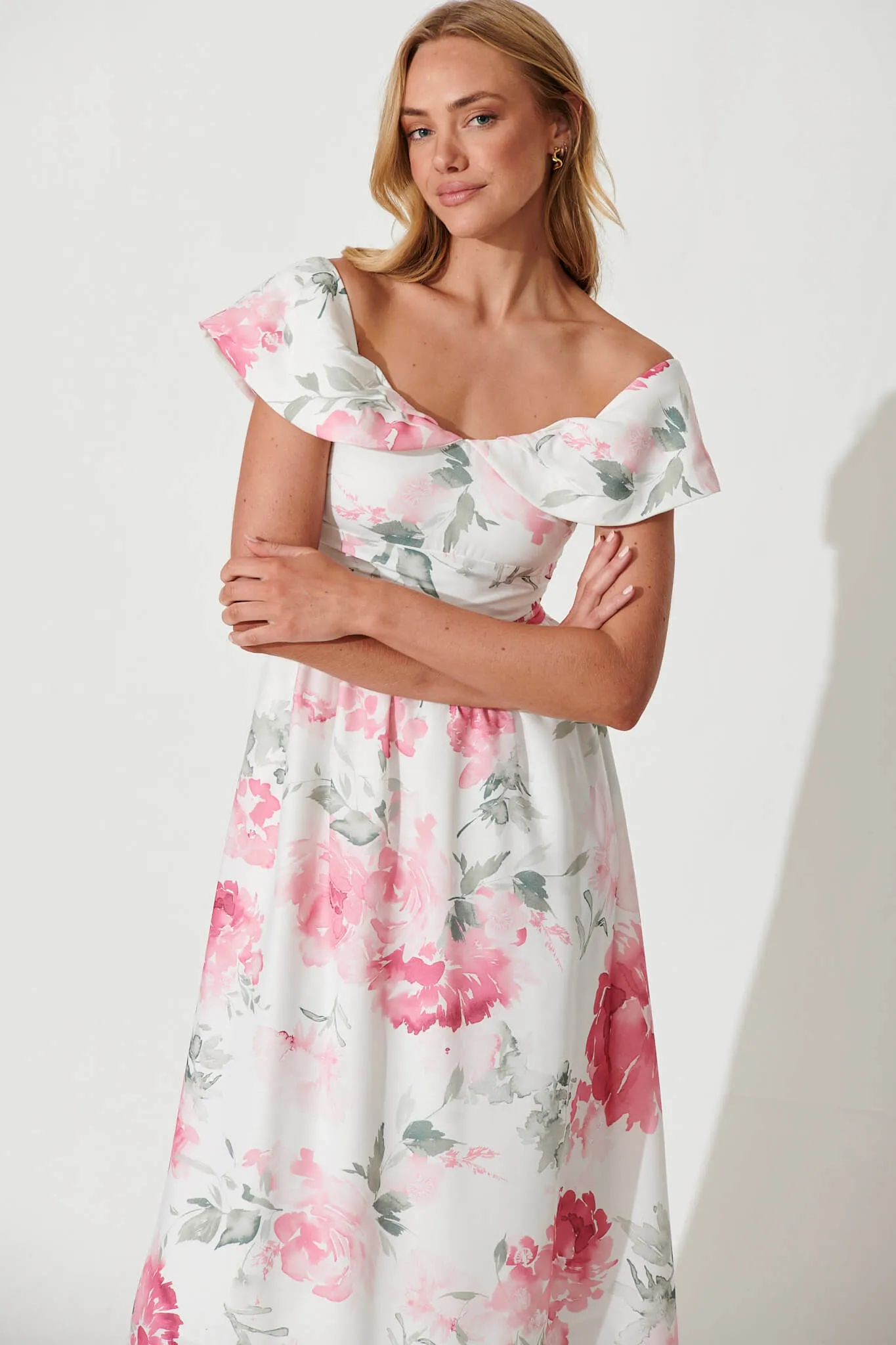 Floraison Midi Dress In White With Pink Floral Linen Blend sold by St Frock product image thumbnail 2