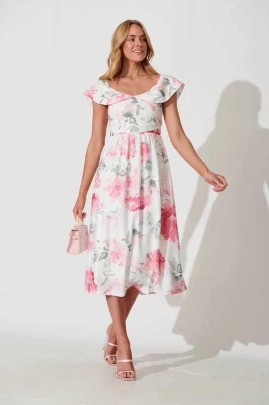 Floraison Midi Dress In White With Pink Floral Linen Blend sold by St Frock