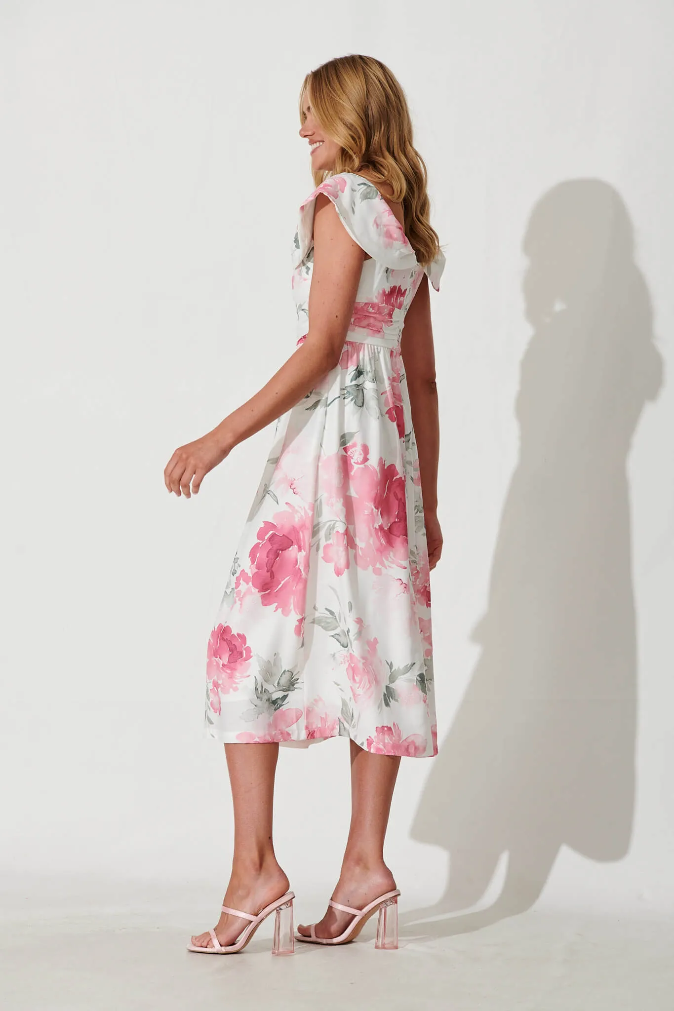 Floraison Midi Dress In White With Pink Floral Linen Blend sold by St Frock product image thumbnail 3