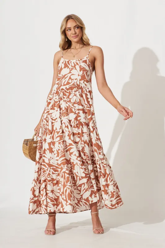 Matilda Maxi Sundress In Brown With Cream Floral sold by St Frock