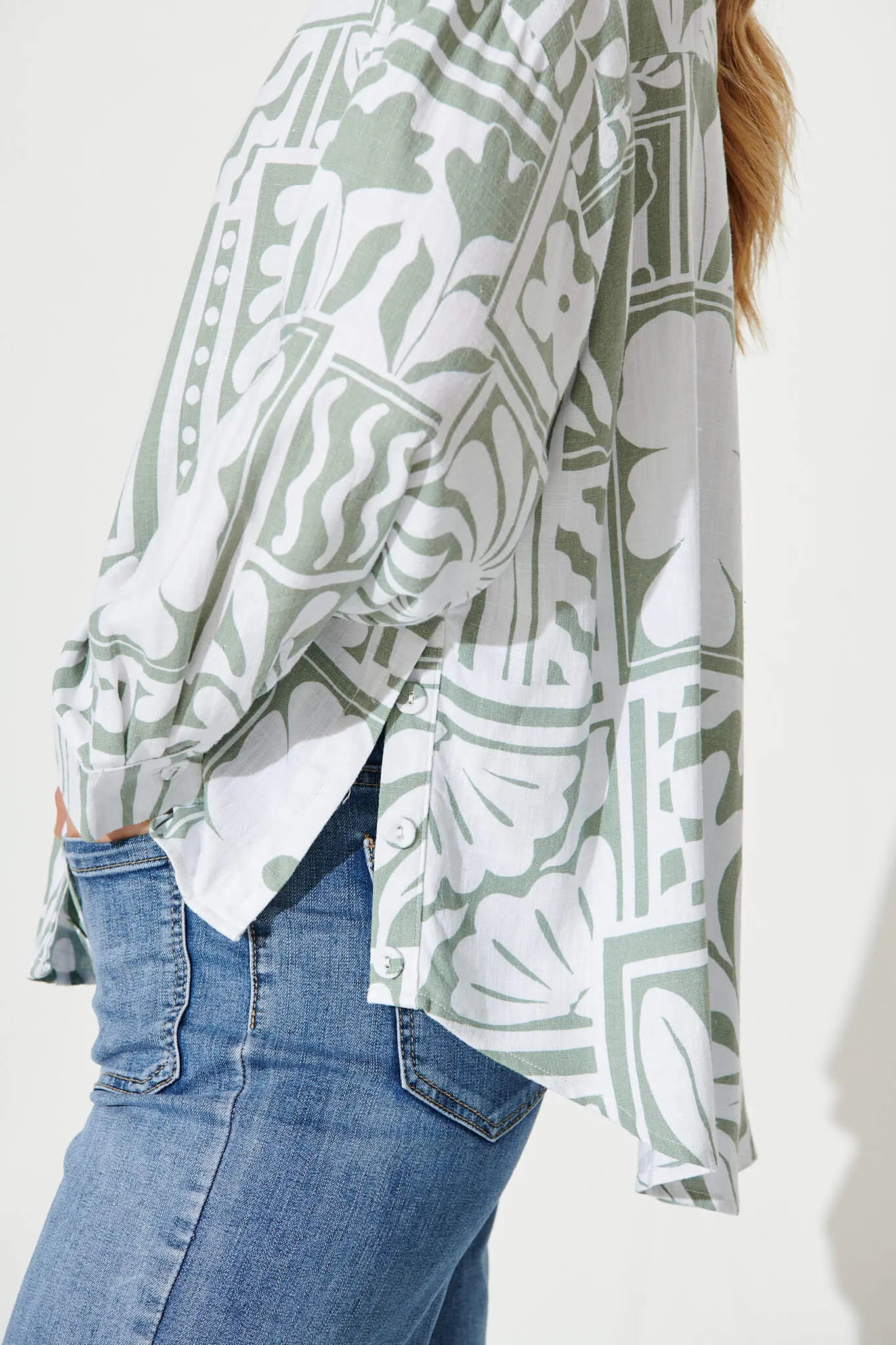 Gwendolyn Shirt In White With Sage Abstract Linen Blend sold by St Frock product image thumbnail 5