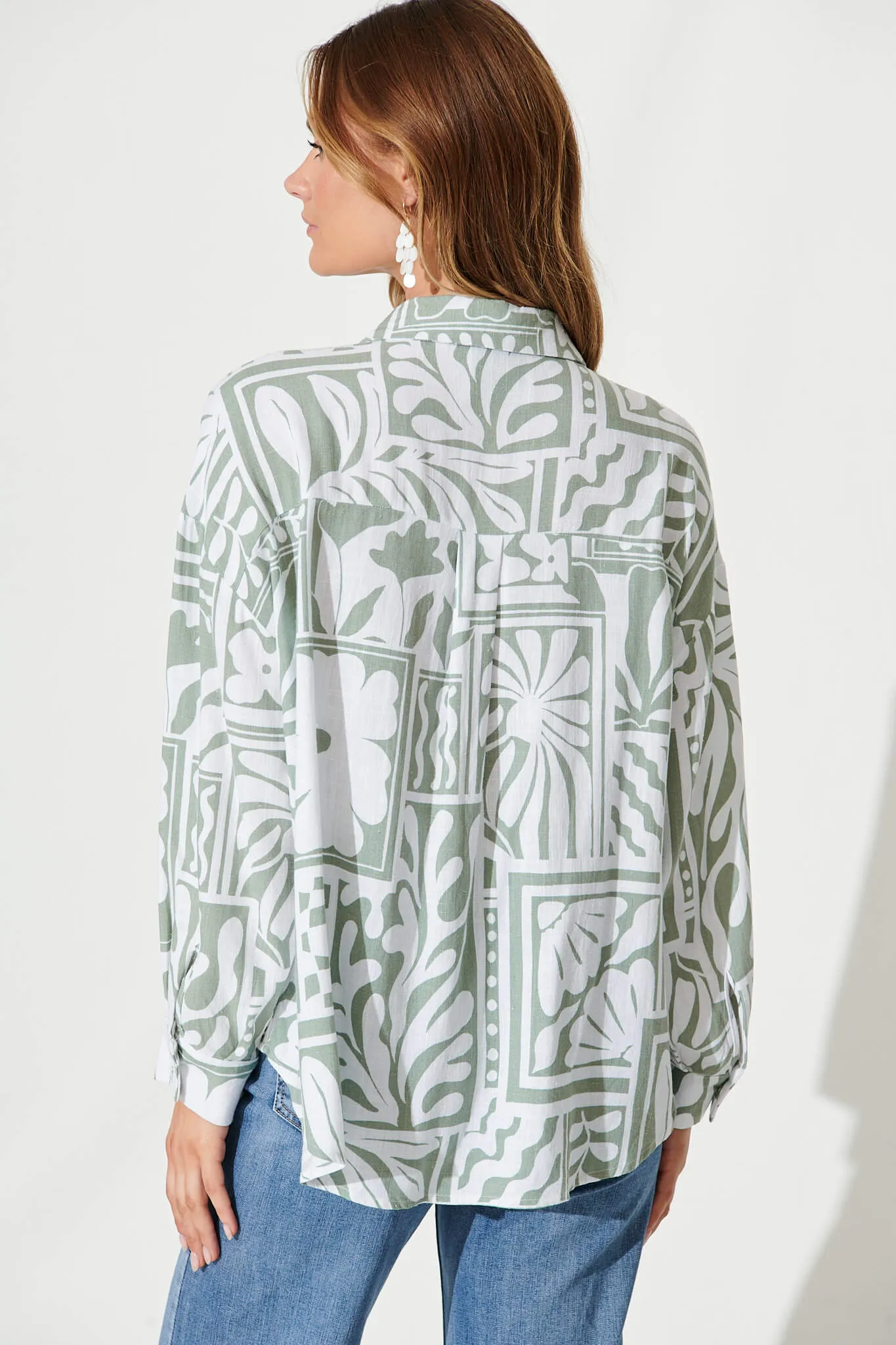 Gwendolyn Shirt In White With Sage Abstract Linen Blend sold by St Frock product image thumbnail 3