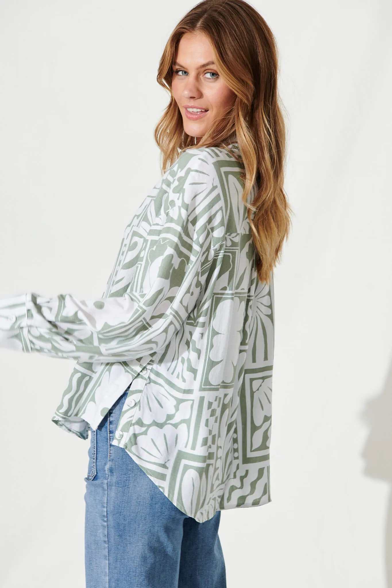 Gwendolyn Shirt In White With Sage Abstract Linen Blend sold by St Frock product image thumbnail 2