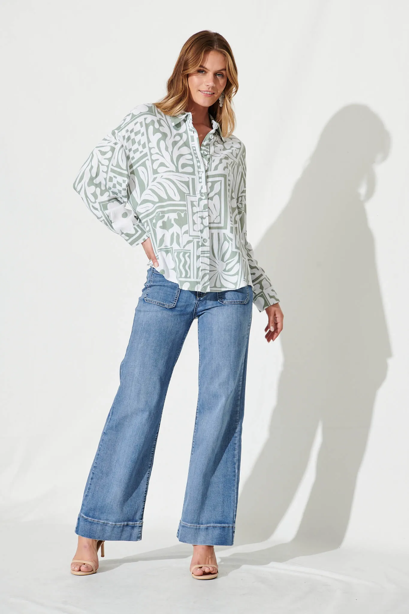 Gwendolyn Shirt In White With Sage Abstract Linen Blend sold by St Frock product image thumbnail 4