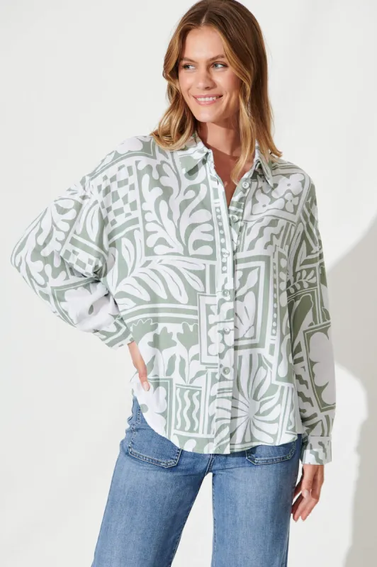 Gwendolyn Shirt In White With Sage Abstract Linen Blend sold by St Frock