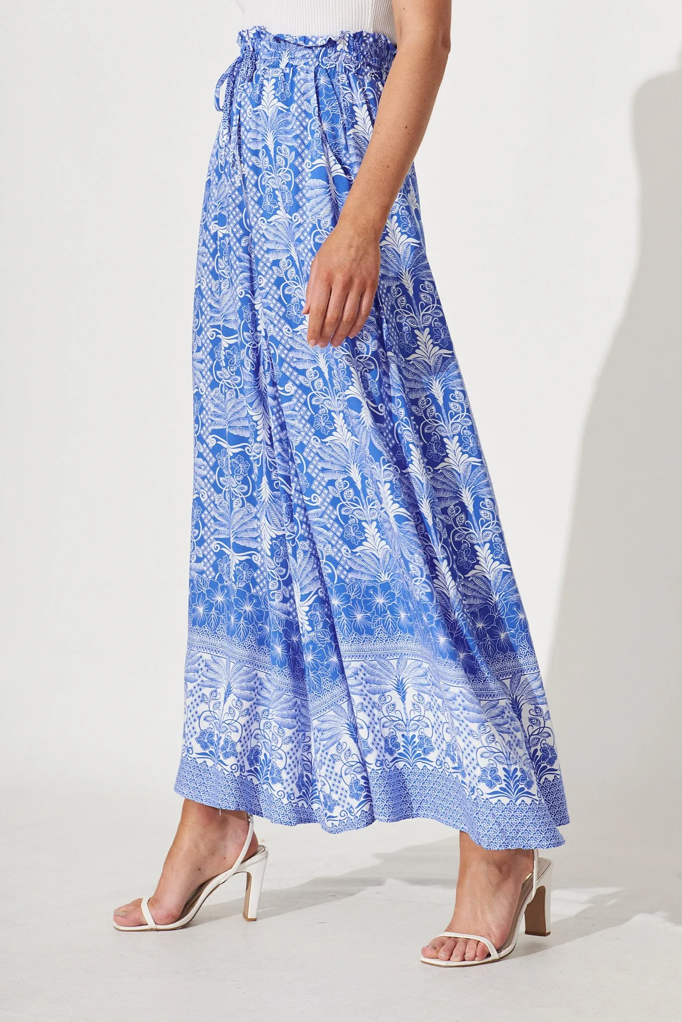 Mariah Pant In Blue Leaf Border Print sold by St Frock