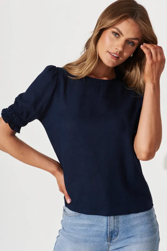 Melanie Top In Navy Cotton Linen Blend sold by St Frock