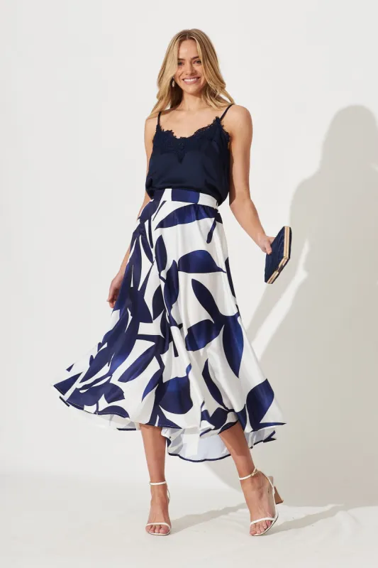 San Jose Midi Skirt In White With Navy Print sold by St Frock