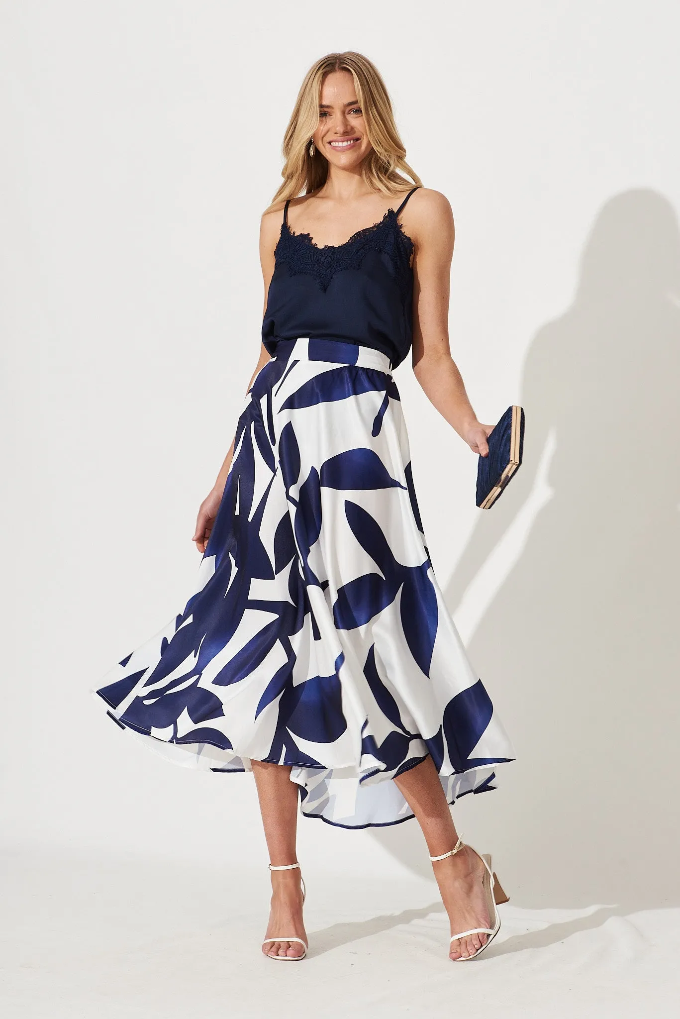 San Jose Midi Skirt In White With Navy Print sold by St Frock