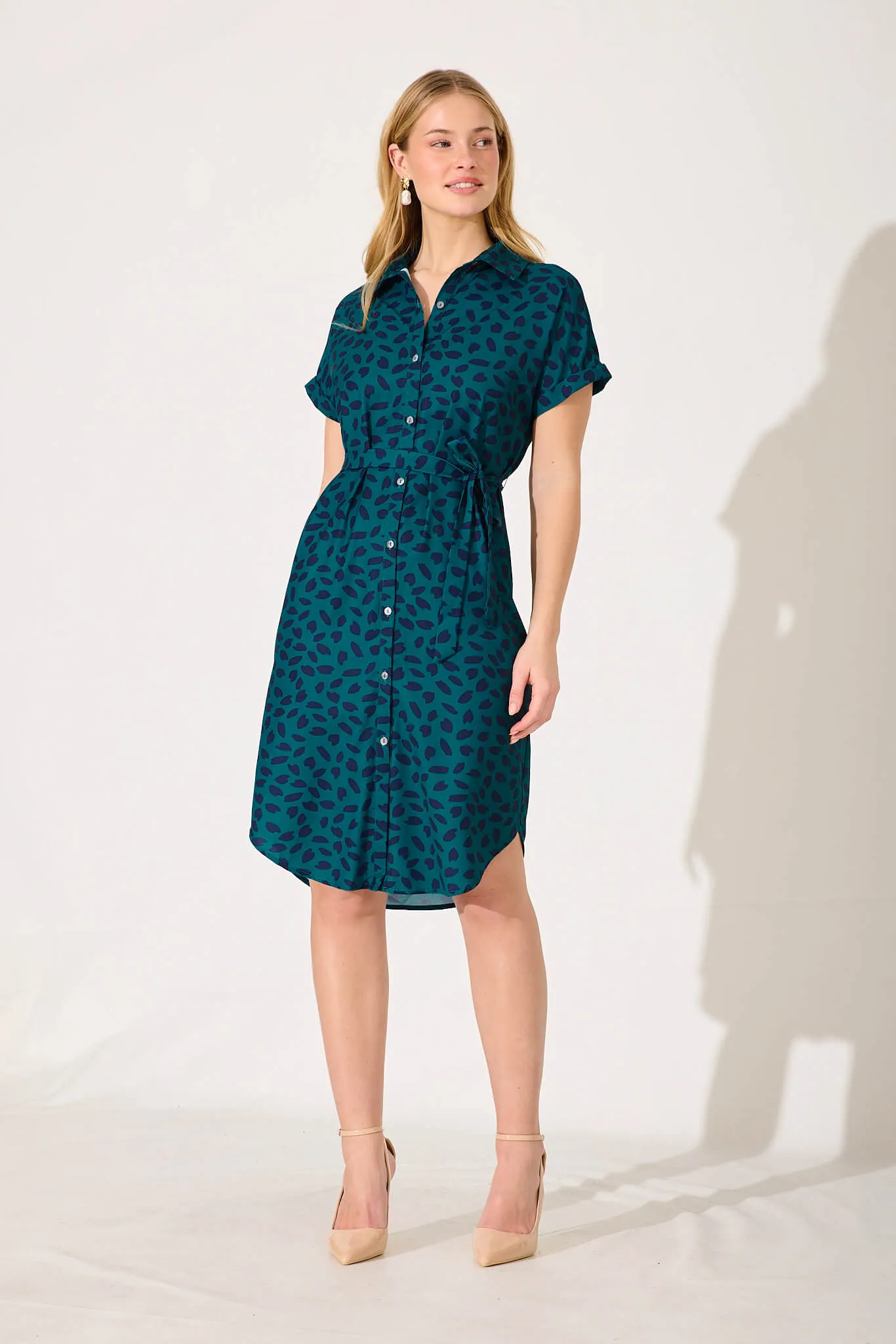 Maddison Shirt Dress In Teal With Navy Leaf sold by St Frock