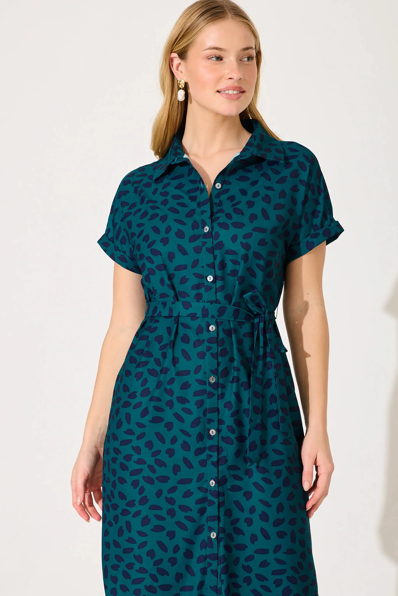 Maddison Shirt Dress In Teal With Navy Leaf sold by St Frock product image thumbnail 2